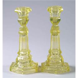 Lot #  1166:  PAIR OF CANARY HEXAGONAL BASE COLUMN CANDLESTICKS.