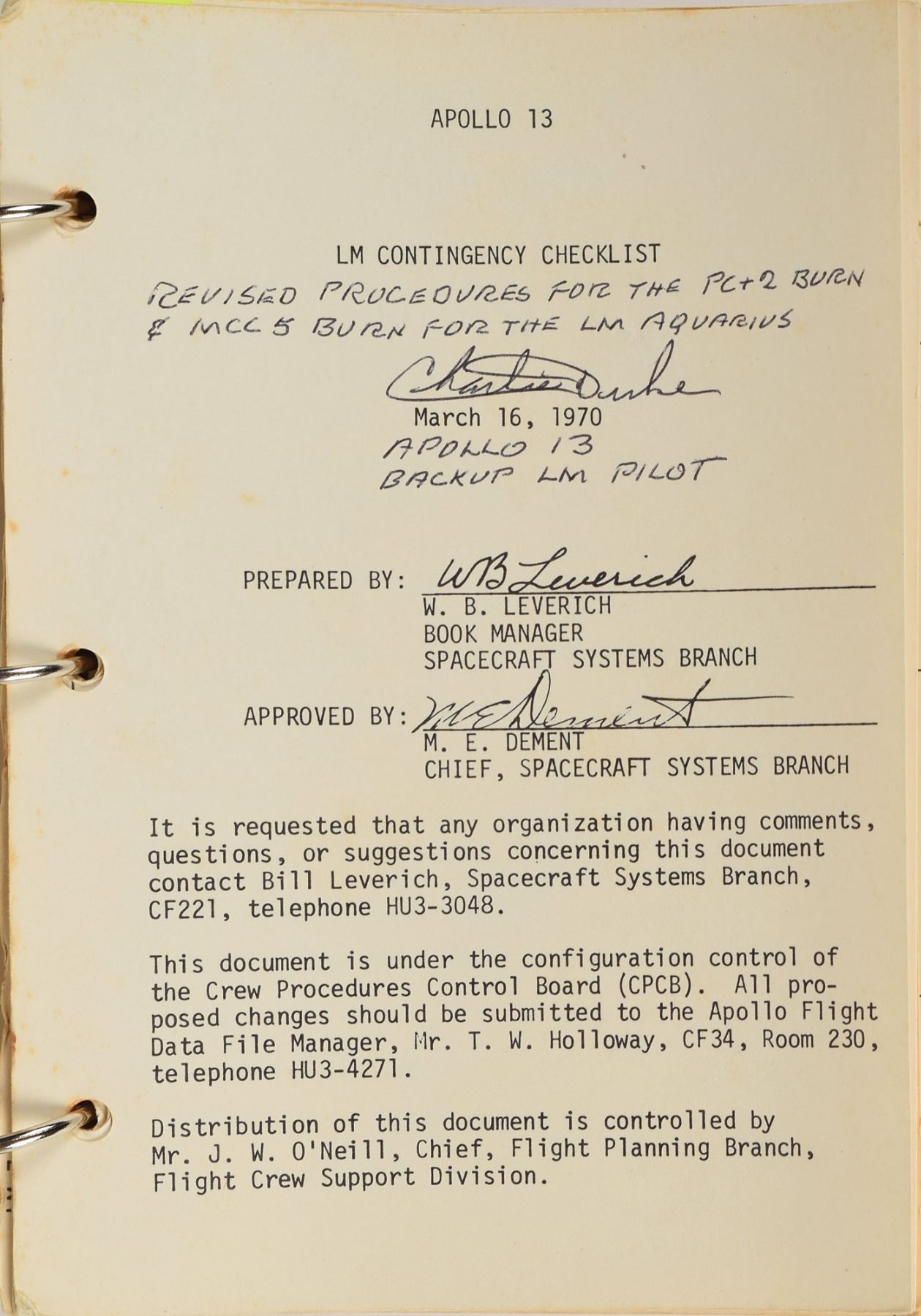 Apollo 13 Lunar Module Contingency Checklist
