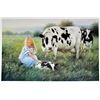 Image 2 : Little Girl With Baby Cow & Mother On Farm Impressionism