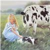 Image 3 : Little Girl With Baby Cow & Mother On Farm Impressionism