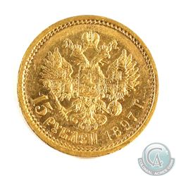 Russia; 1897 Gold 15 Roubles. Coin has a weight of 12.9 grams and contains 0.3734 oz. of Pure Gold.