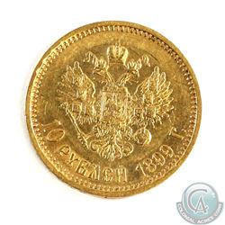 Russia; 1899 Gold 10 Roubles. Coin has a weight of 8.60 grams and contains 0.2489 oz. of Pure Gold.