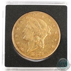 USA; 1879 $20 Double Eagle Gold Coin. Coin weighs 33.43 grams and contains 0.9677 oz. of Pure Gold.