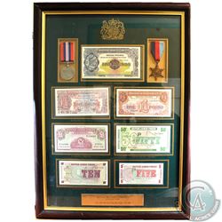 Framed British Military Currency Collection Including the 1939-1945 Star & War Medal. You will recei