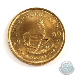 1980 South Africa 1/10oz Gold Kruggerand. Coin weighs 3.39 grams and contains 0.1 oz. of Pure Gold