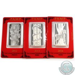 PAMP 2012 Dragon, 2013 Snake, 2014 Horse 1oz Fine Silver bars Sealed in original holders (Tax Exempt