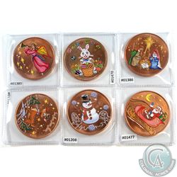 Lot of Coloured 1oz Fine Copper Rounds with 6 different Designs (Tax Exempt) 6pcs