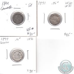 Collection of Canadian Silver 5-cent, 10-cent & 25-cent coins: Lot includes: 1871, 1897 (scratch), 1