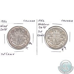 Pair of 1952 Canada 50-cent with Die Cracks. You will receive the 1952 Narrow date with Die Crack, a