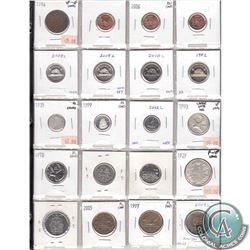 Mixed Page of 20x 1914-2012 Canadian Coinage. You will receive 4x 1-cent, 4x 5-cent, 3x 10-cent, 4x 