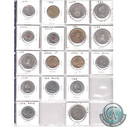 Mixed Page of 17x Miscellaneous Coins - Canada 3x 25-cent, 5x 50-cent, 2x Nickel $1, 2x USA $1, 1985
