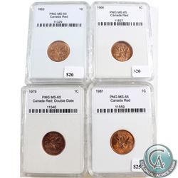 1962, 1966, 1979 Double Date & 1981 Canada 1-cent PNG Certified MS-65. 4pcs