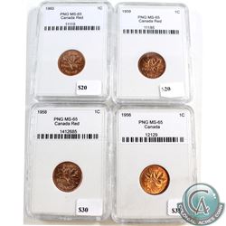 1956, 1958, 1959 & 1960 Canada 1-cent PNG Certified MS-65. 4pcs