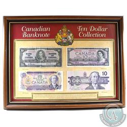 1937, 1954, 1971 & 1989 Canada $10 Banknote Issues in Wooden Frame Produced by Heritage Collectables
