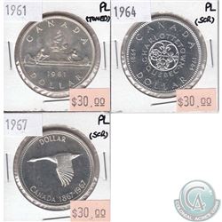 3x Canada Silver $1 Proof-Like 1961, 1964 & 1967 (toned or scratched). 3pcs