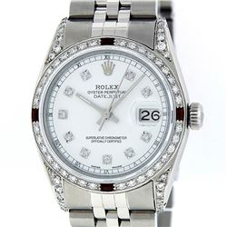 Rolex Mens Stainless Steel White Diamond Lugs And Ruby Datejust Wristwatch