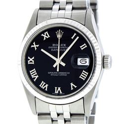 Rolex Mens Stainless Steel Black Roman Datejust Wristwatch