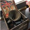 Image 1 : Wood Crate Lot: Ahooga Horn, Framed Victory Bonds Pic, Funnels, Oil Cans, etc