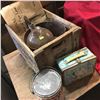 Image 1 : America Dry Wood Crate Lot: Rogers Syrup Tin, Glass Jug, Pail, Snow White Lunch Box