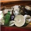 Image 1 : Box Lot: Green & White Chinaware, Bottles, Quick Cooker, Bell, etc