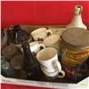 Image 1 : Box Lot: Quaker Oats Promo Mugs, Tobacco Tins, Crock Jug, Ginger Shandy Crock Bottle, Thermometer, J