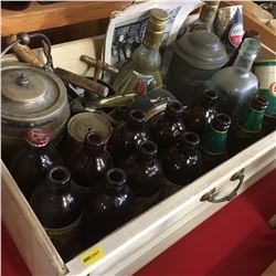 Tray Lot: Stubby Beer Bottles, Cork Screws, Radio, Clock, Straight Razor, Ice Box, etc