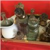 Image 1 : Tray Lot: Milk Glass, Pitchers, Mini Lamp, Carbide Lamps, etc
