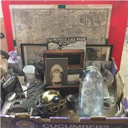 Tray Lot: Wilshire Map, Framed Prints, Lamp Bases, Jar, Bottles, Occupied Japan Orn, Jewel Box, etc