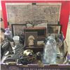 Image 1 : Tray Lot: Wilshire Map, Framed Prints, Lamp Bases, Jar, Bottles, Occupied Japan Orn, Jewel Box, etc