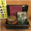 Image 1 : Tin Cash Box with Contents: Jar "Horlicks Malted Milk Racine, Wis USA" & Old Liverpool Book, Turret 