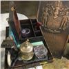 Image 1 : Tray Lot: Scale, Jewelry Box; Ink Well, Desk Bell, Royal Exchange Assurance Plaster Cast Plaque, etc