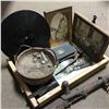 Image 1 : Militaria: Wooden Tray Lot - Civil War Era (Pot of Lead, Bent Rifle Barrel, Bullet Mould, Breech fro