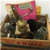 Image 1 : Fruit Crate w/Bottles, Coffee Grinder, Horse Shoes, Almanac, etc
