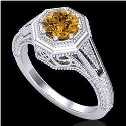 0.84 CTW Intense Fancy Yellow Diamond Engagement Art Deco Ring 18K White Gold - REF-161X8T - 37931