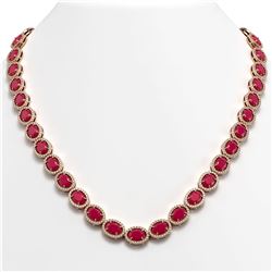 52.15 CTW Ruby & Diamond Halo Necklace 10K Rose Gold - REF-655H3A - 40557