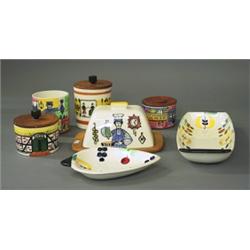 4 jars, 2 serving dishes and a chesstand with cover