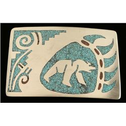 Inlaid Silver Turquoise Coral Bear Paw Belt Buckle