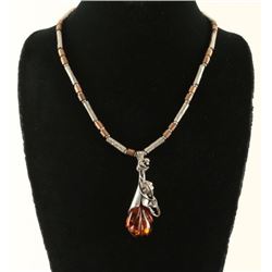 Amber Silver Pendant Pin with Silver Brass Beads