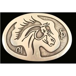 Overlaid Silver Native American Horse Belt Buckle