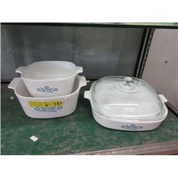 3 Corning Ware Casserole Dishes & 1 Lid