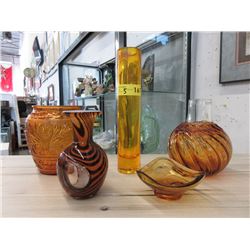 5 Pieces of Amber Glass Vases