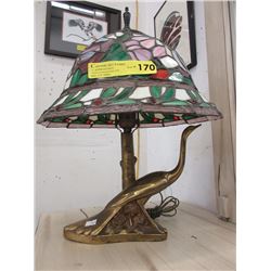Brass Peacock Lamp with Stained Glass Shade