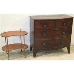 Early C20th brass & mahogany kidney shaped 2-tier whatnot with brass castors,...