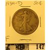 Image 1 : 1934 D U.S. Silver Walking Liberty Half Dollar, Fine.
