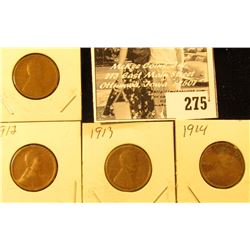1911, 12, 13, & 14 U.S. Wheat back Cents, Good.