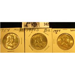 1954 P, D, & S Franklin Silver Half Dollars, all BU to Gem BU.