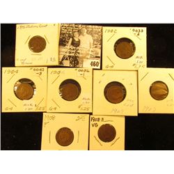 Group of Carded Indian Head Cents: 1902, 04, 05, 06, (2) 07, 08, & 08 S VG.