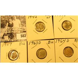 1942 P Mercury Dime, BU; 1949 D, 59 P, & 64 D BU & 1963 D AU Roosevelt Dimes.