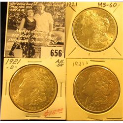 1921 P, D, & S U.S. Silver Morgan Dollars, AU-BU.