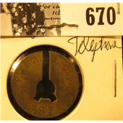 "Pat. Nov. 3, 1914/387", "Y.S. & S. Co./Goetz", slotted Telephone Token, 21mm.